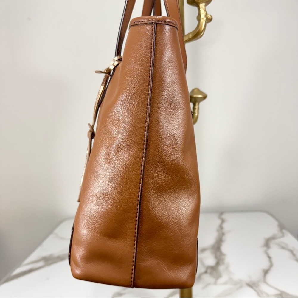 Fossil Reversible Slouchy Brown Tan Leather Metallic Rose Gold Handbag Tote Bag - Picture 3 of 16